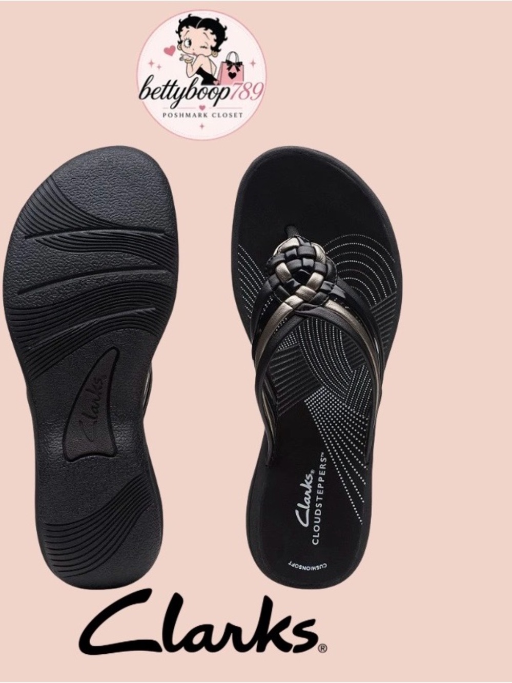 NWT Clark’s Black Braided Strap Women's Flip Flop Sandal